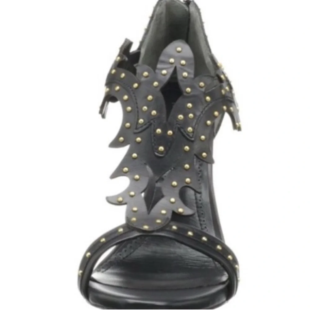 Pour La Victoire Black Leather Heels Studded Open Toe Ankle Straps Women's 7.5